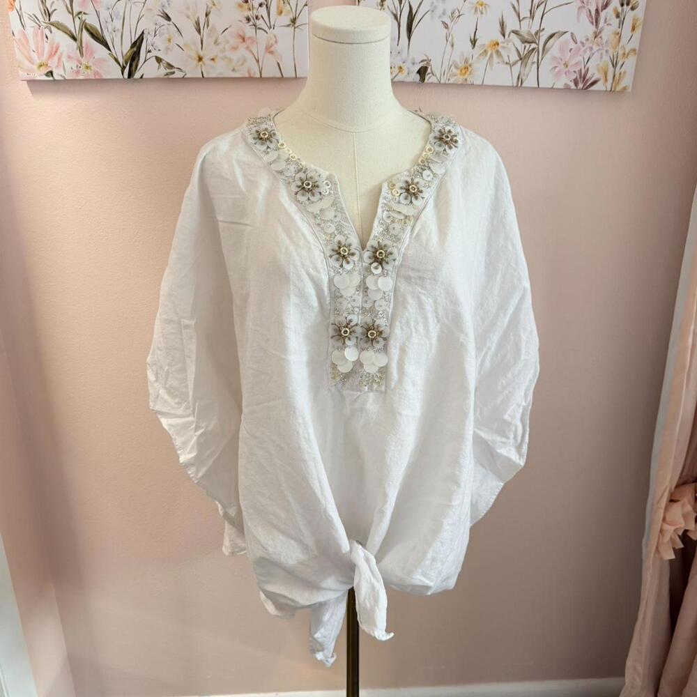 Chico’s White Embellished Tunic Blouse Size L | Beaded Floral Boho Top